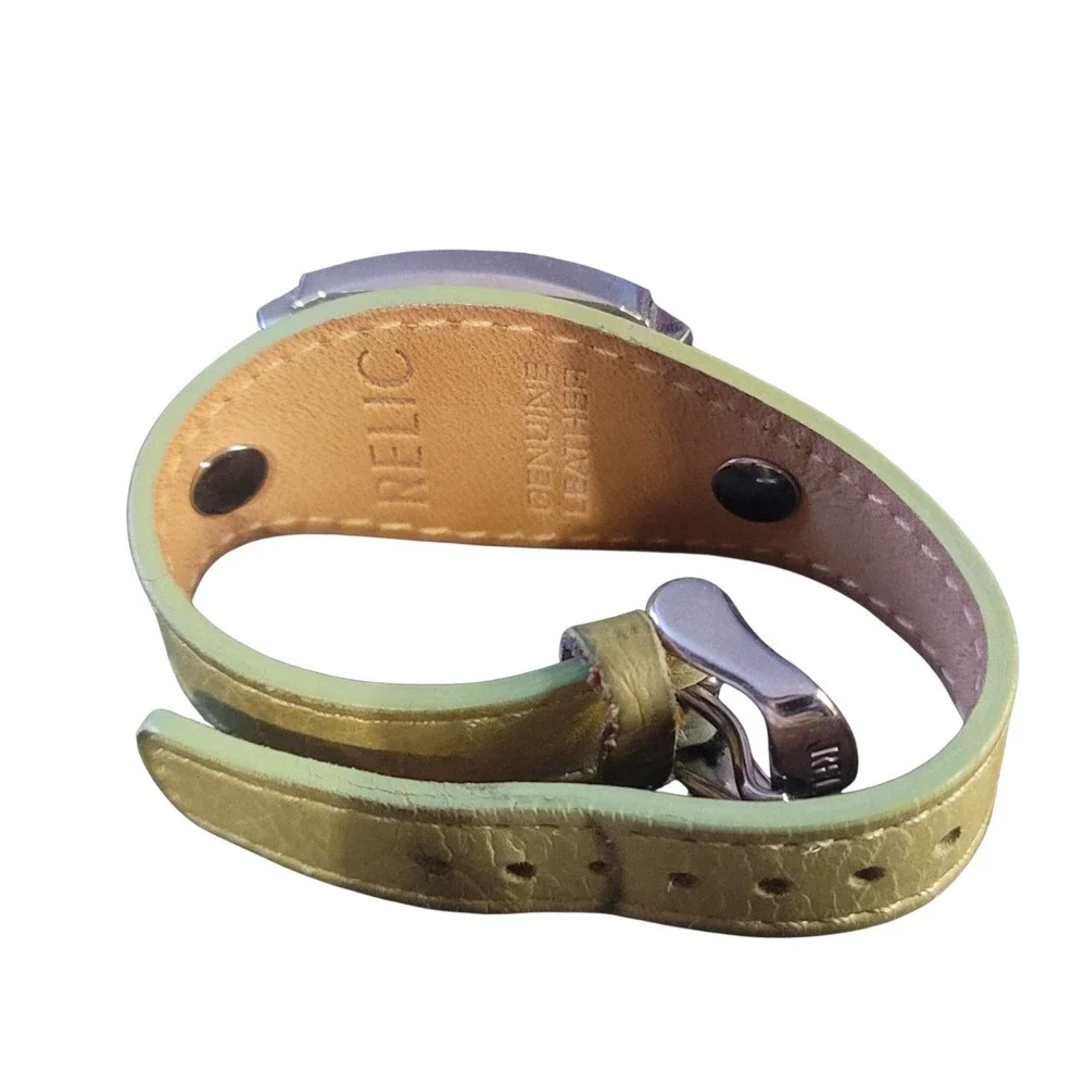 Relic by Fossil‎ Womens Cuff Watch Lime Green Leather Square Silver Tone ZR15339